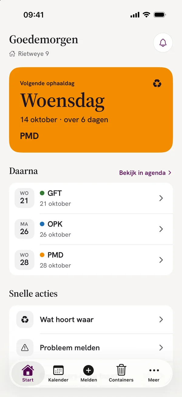 De app van Reinis: het startscherm met de volgende ophaaldag, de dagen daarna en snelle acties
